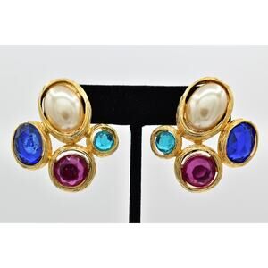 MJ Ent Vintage Clip On Earrings Crystal Pearl Chunky Gold Signed 1980s 80s BinBK